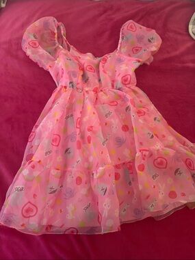 Hot Topic Pink Chiffon Ruffle Midi Dress with Heart & Novelty Print